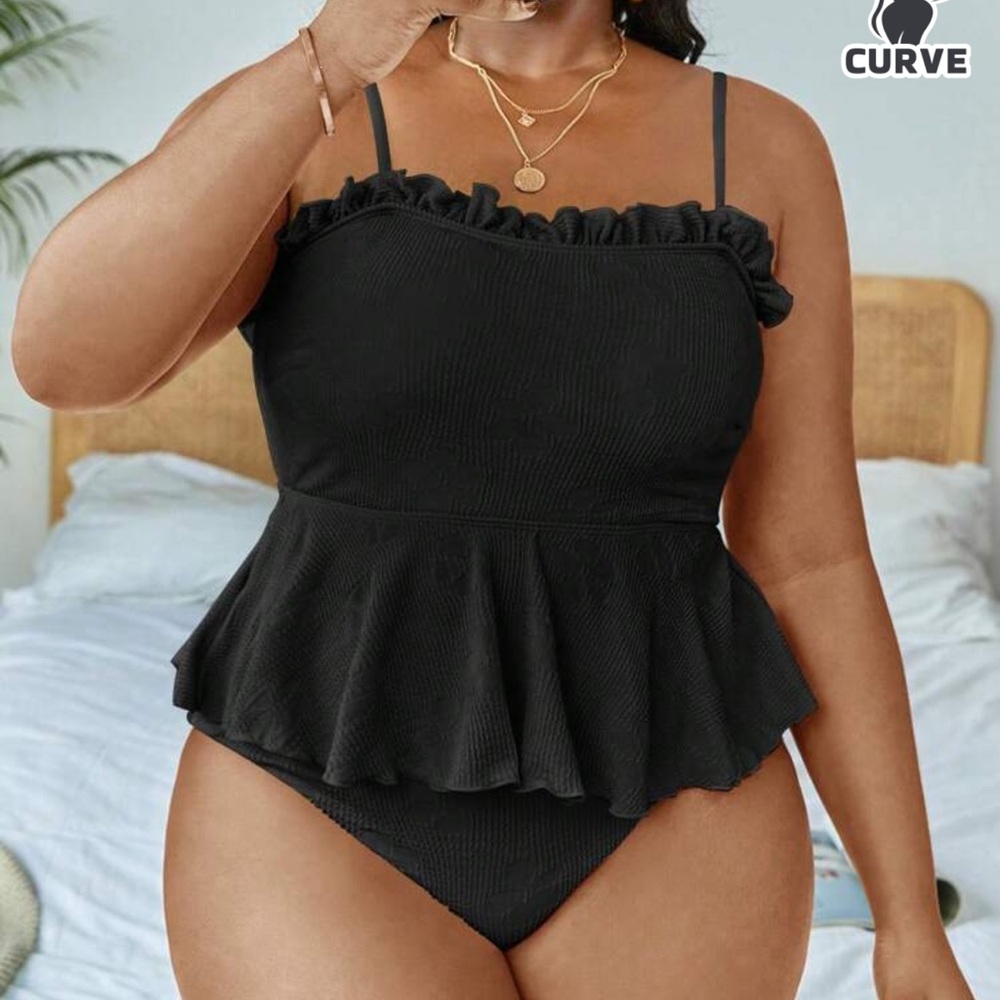 SHEIN- Swim Mod Summer Beach Plus Size Frill Trim Ruffle Hem Tankini- BNWT(1x)